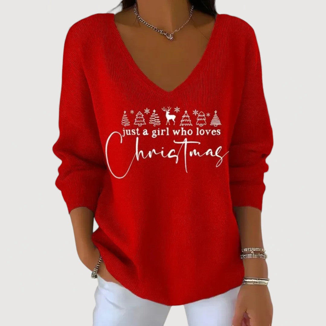 Christmas Red Festive Print V-Neck Long-Sleeve Top