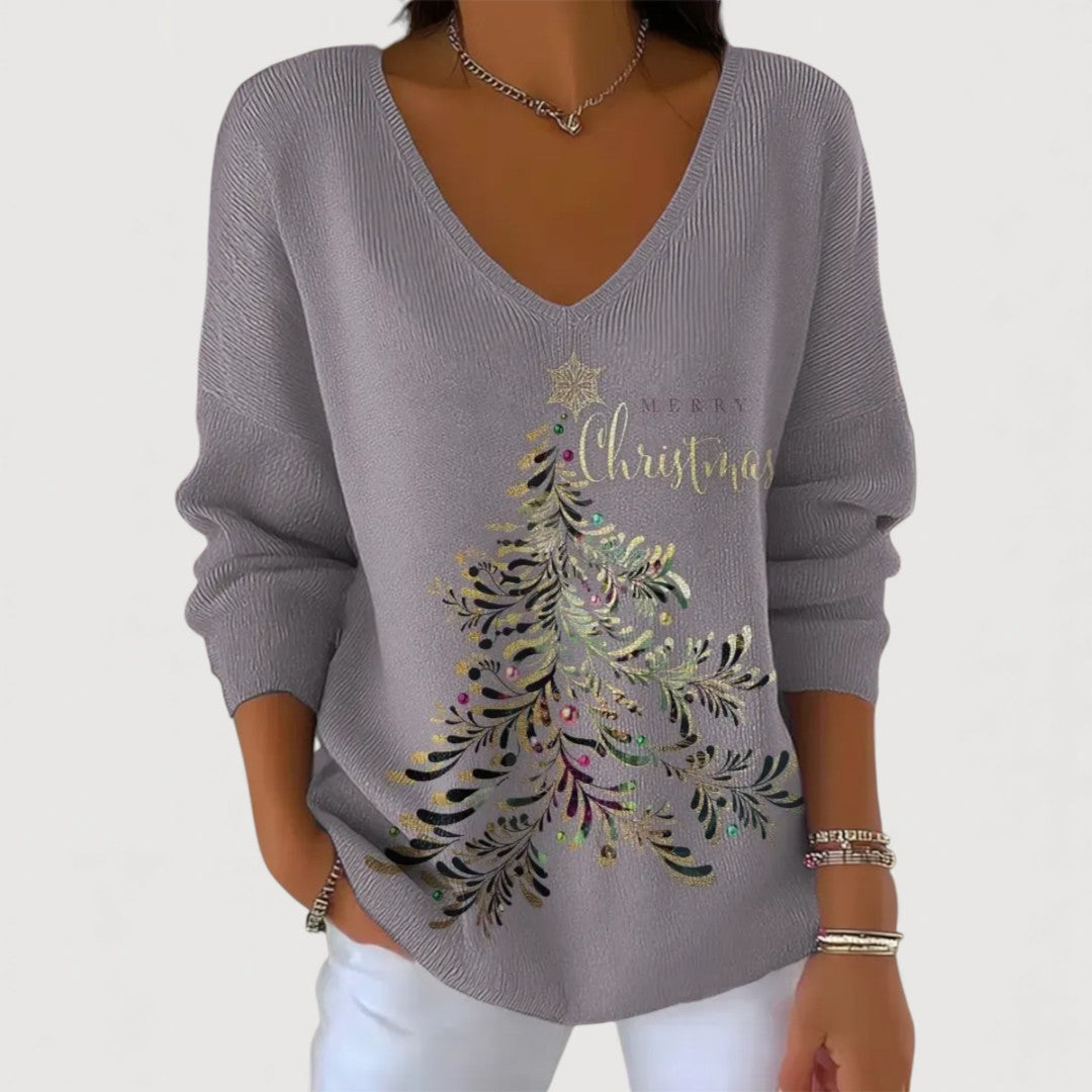 Christmas Gray Festive Print V-Neck Long-Sleeve Top