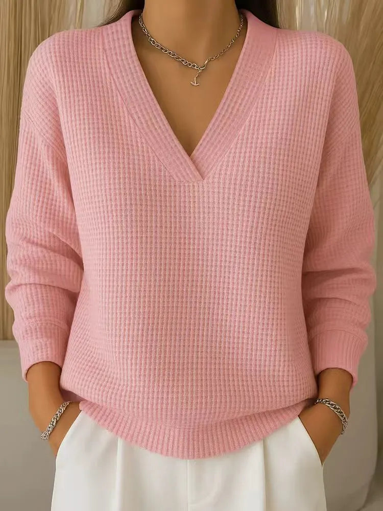 Women's relaxed waffle knit sweater in pink
