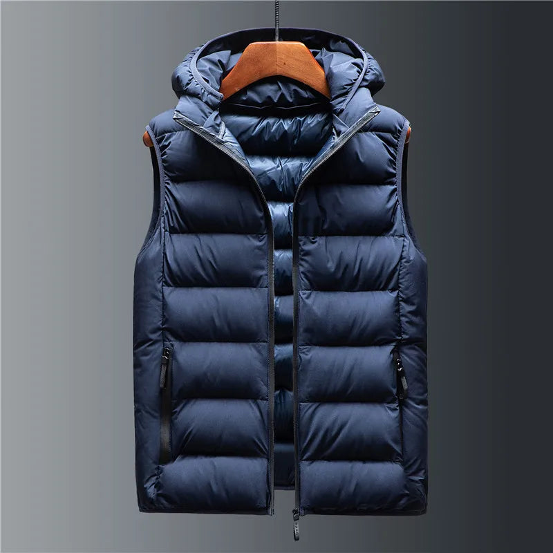 Men's navy blue down puffer vest with detachable hood
