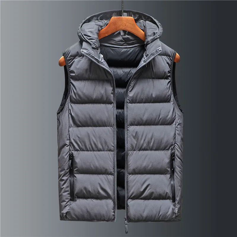Men's gray down puffer vest with detachable hood