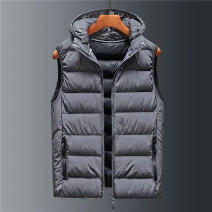 Men's gray down puffer vest with detachable hood