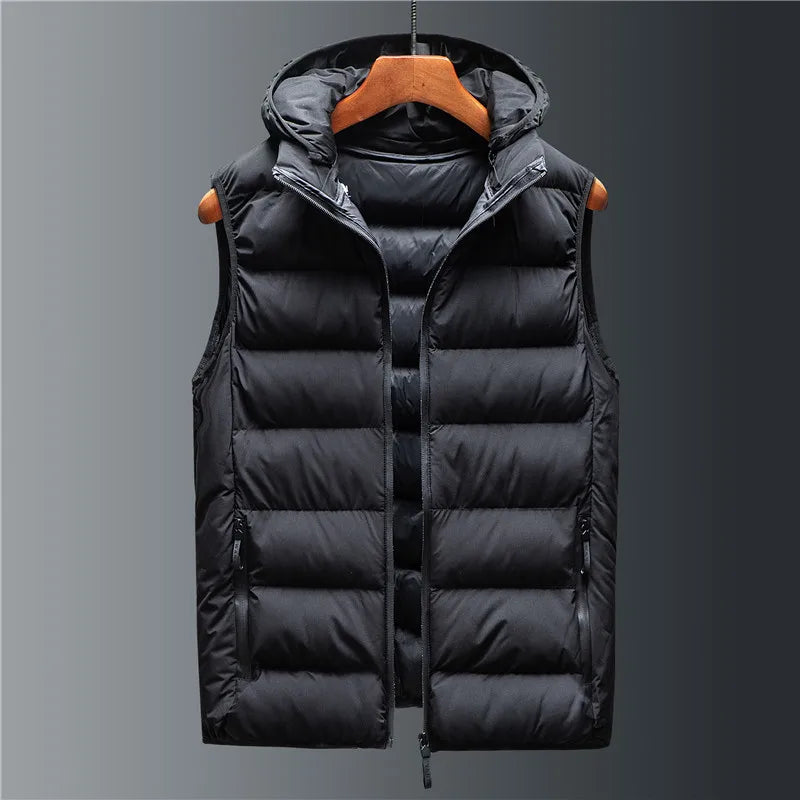 Men's classic black down puffer vest with detachable hood