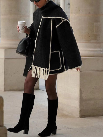 Black Vintage Scarf-Collar Jacket, Mid-Thigh Length