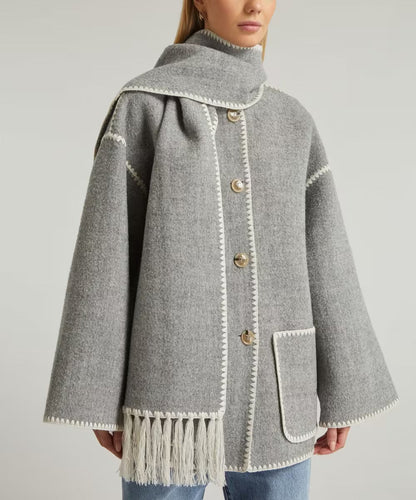 Grey Vintage Scarf-Collar Jacket, Mid-Thigh Length