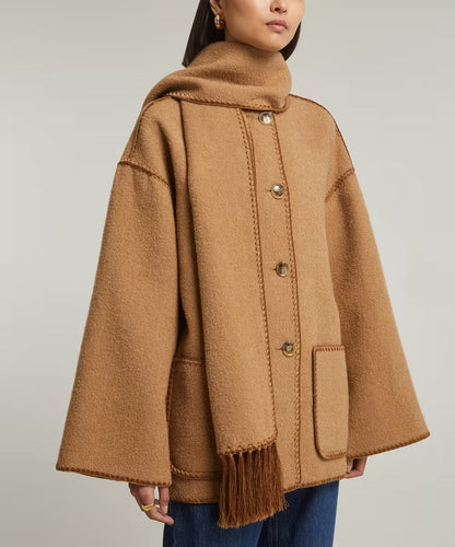 Brown Vintage Scarf-Collar Jacket, Mid-Thigh Length