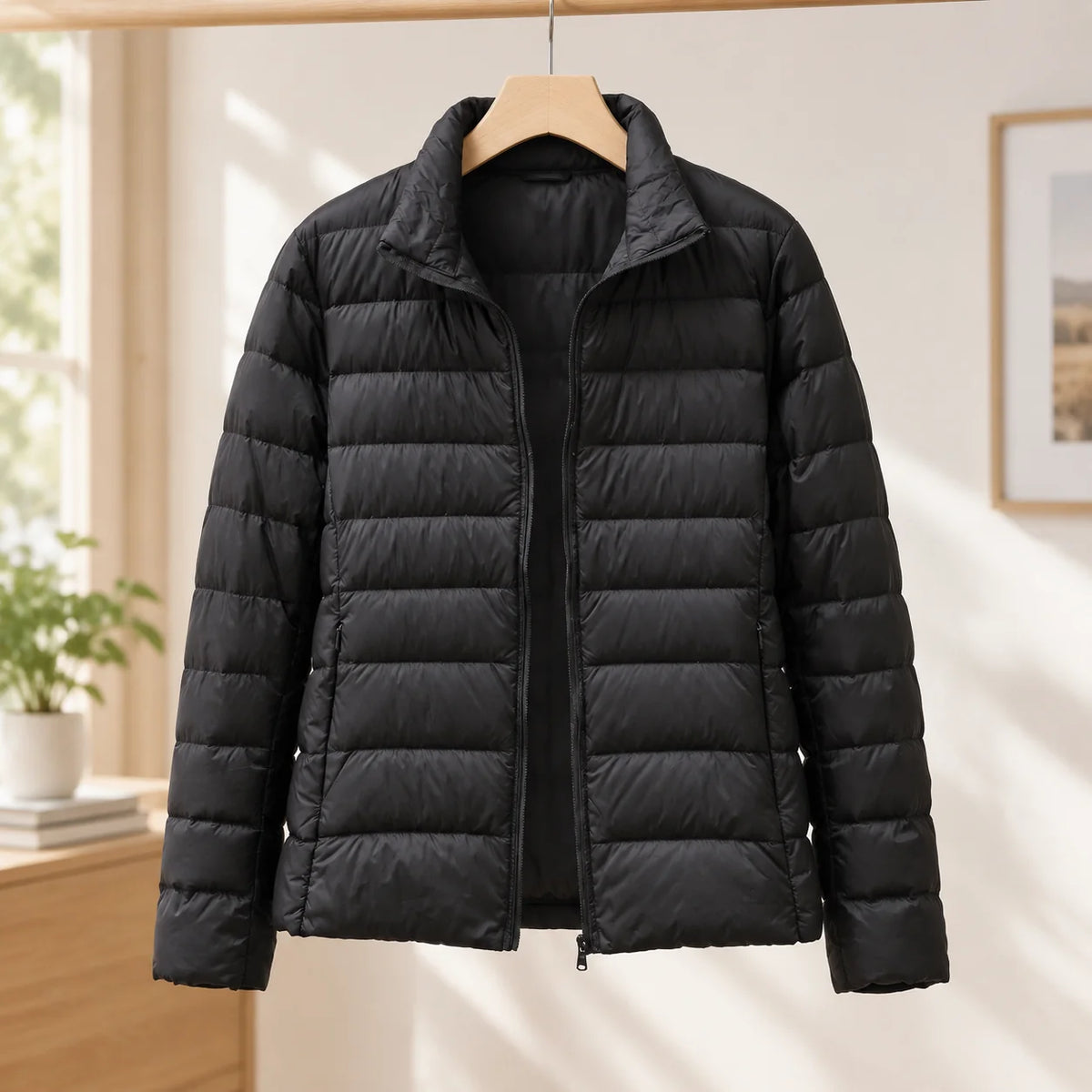 Women's black cashmere puffer jacket with stand collar