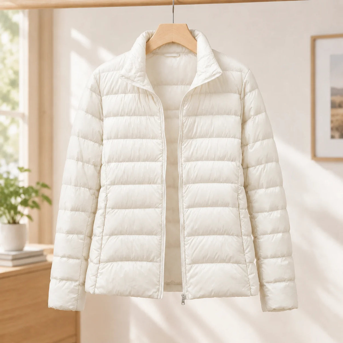 Women's red cashmere puffer jacket, horizontal quilting