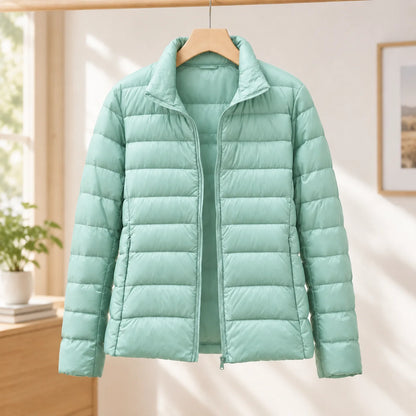 Women's blue cashmere puffer jacket, hip-length shape