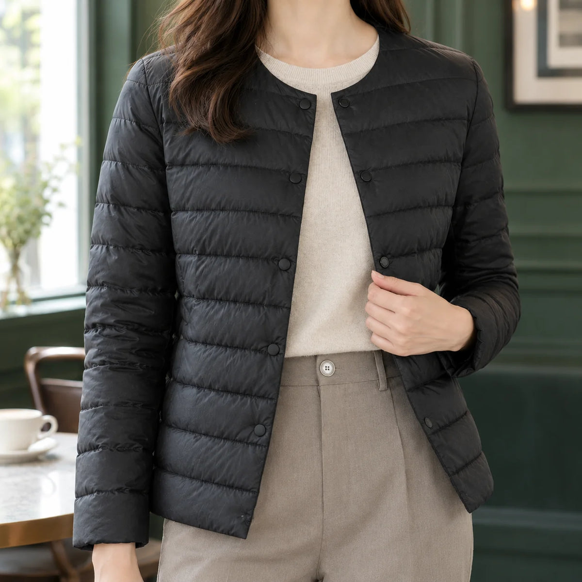 Women's pink quilted jacket with collarless neckline