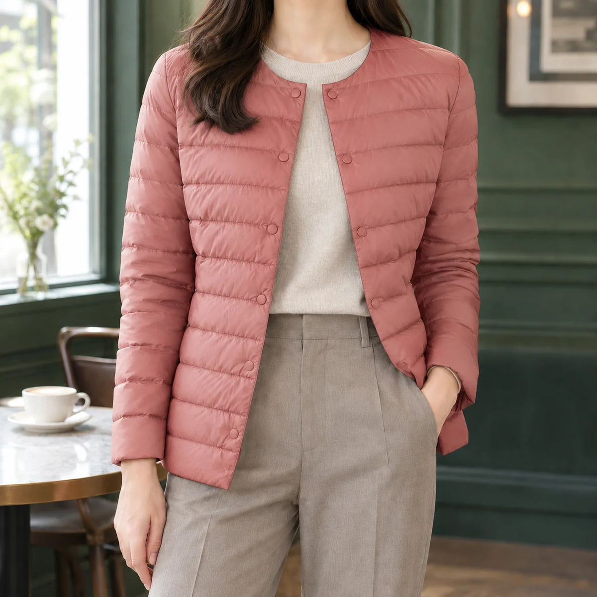 Women's blue quilted jacket, tonal snap front detail