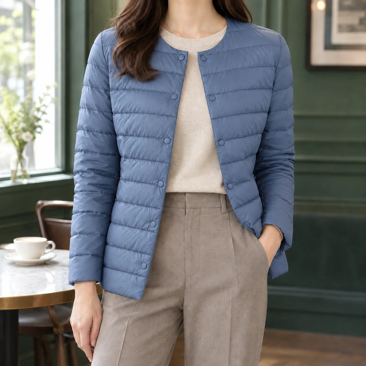 Women's white quilted jacket, slim hip-length shape
