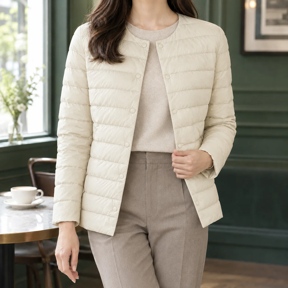 Women's brown quilted jacket with round neckline