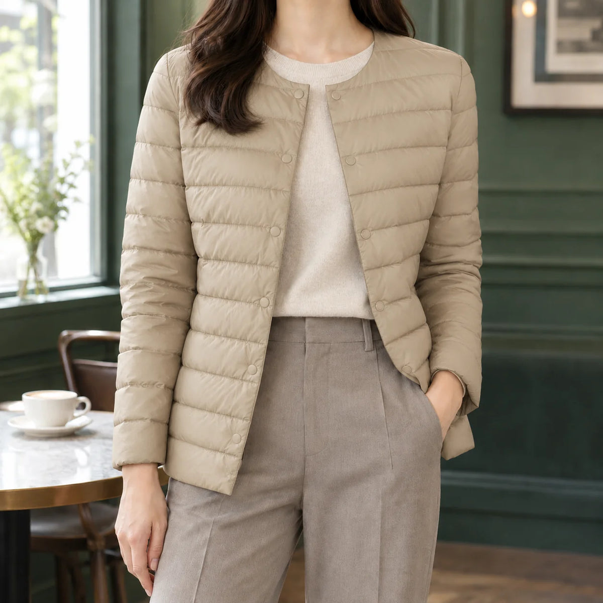 Women's gray quilted jacket, close-up of snap front