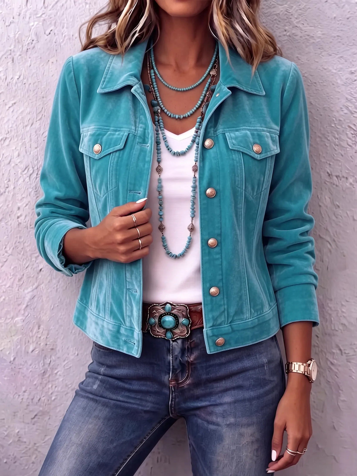 Women's vintage wash denim jacket in blue