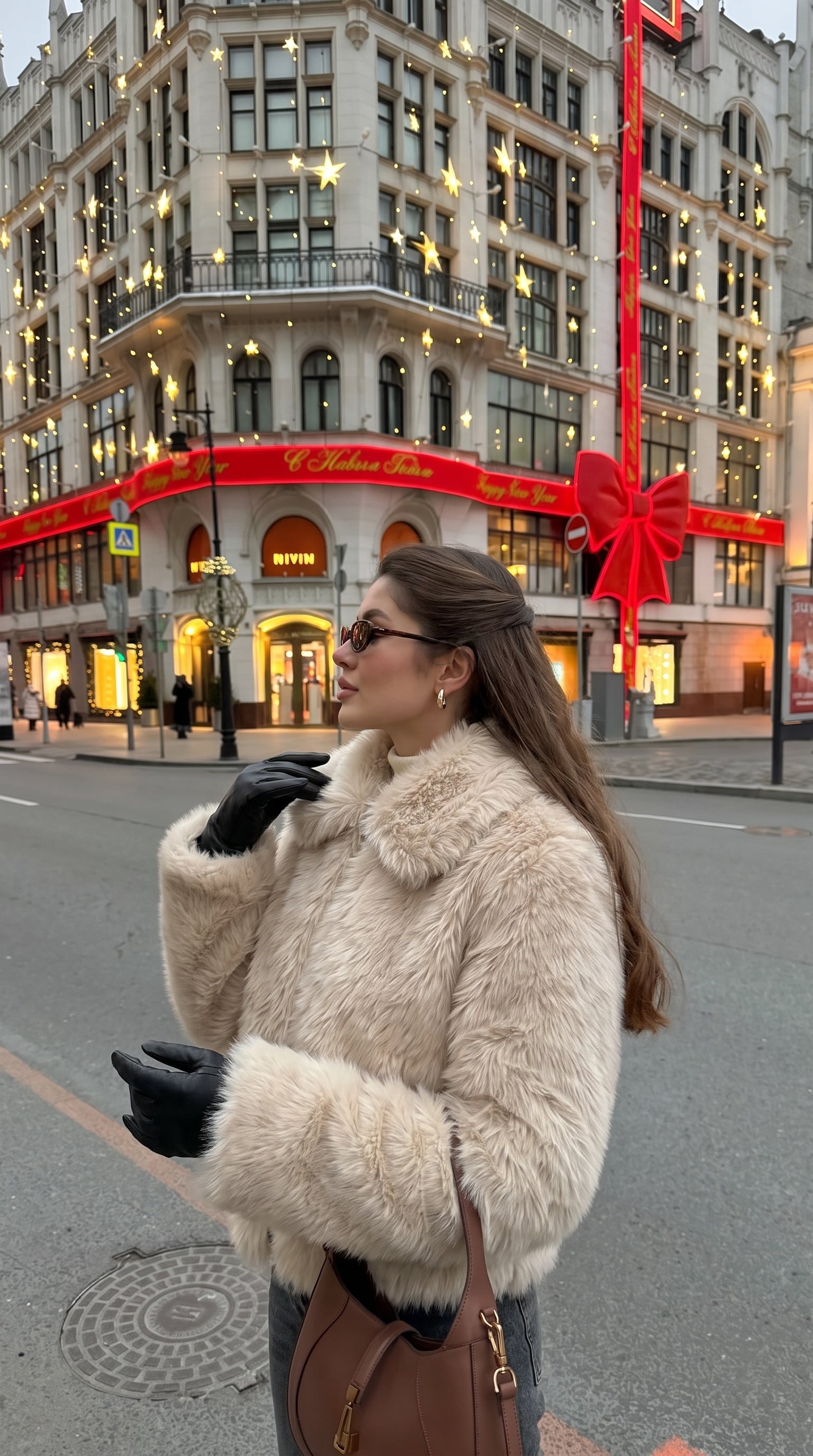 Beige Faux Fur Bomber Jacket with Ribbed Cuffs and Hem
