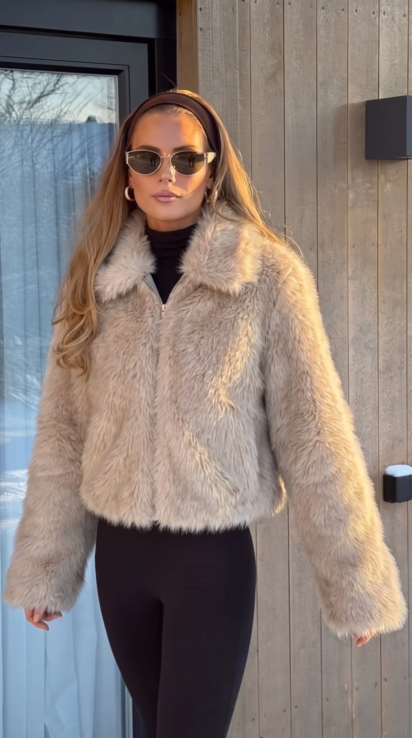 Beige Faux Fur Bomber Jacket with Ribbed Cuffs and Hem – view 4