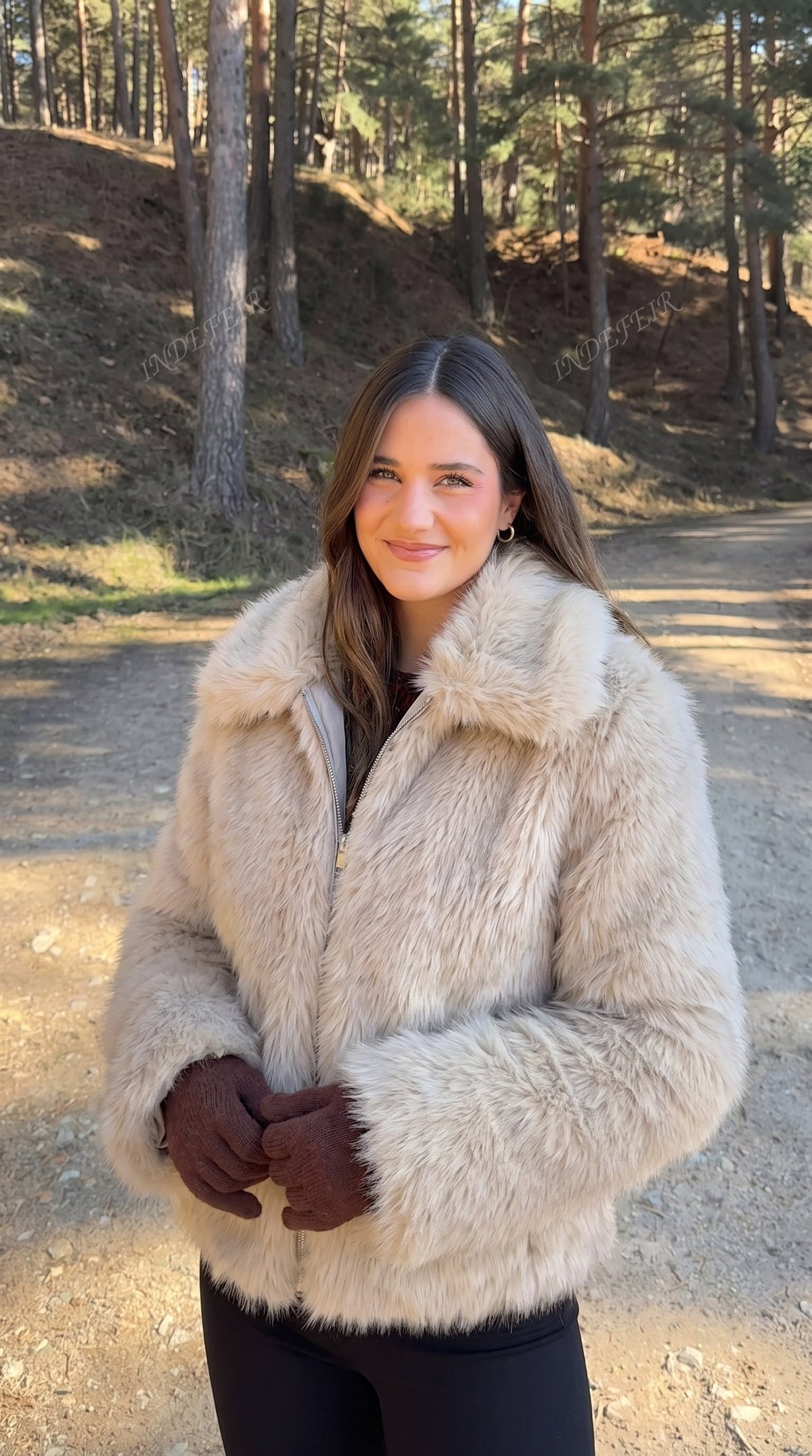 Beige Faux Fur Bomber Jacket with Ribbed Cuffs and Hem – view 5