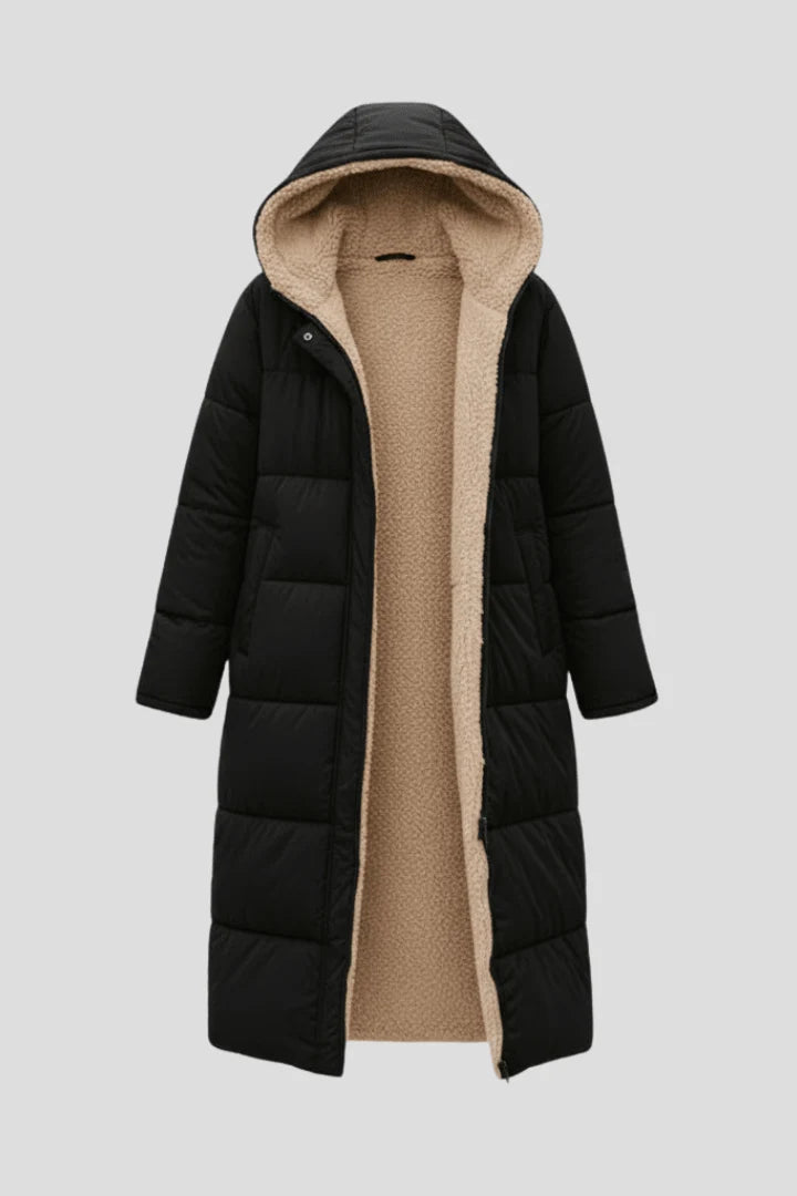 Women's long hooded puffer coat with sherpa lining