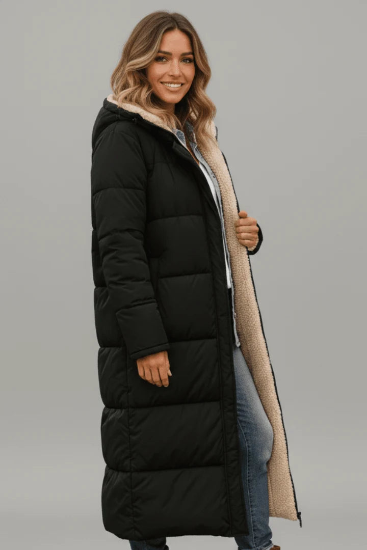 Women's long hooded puffer coat with sherpa lining
