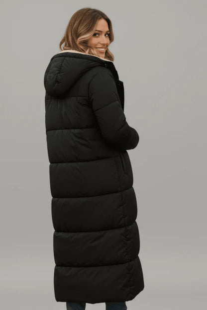 Women's long hooded puffer coat with sherpa lining