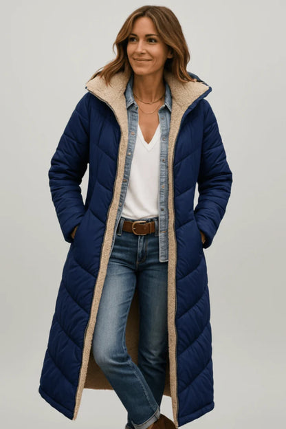 Women's navy long hooded puffer coat with sherpa lining