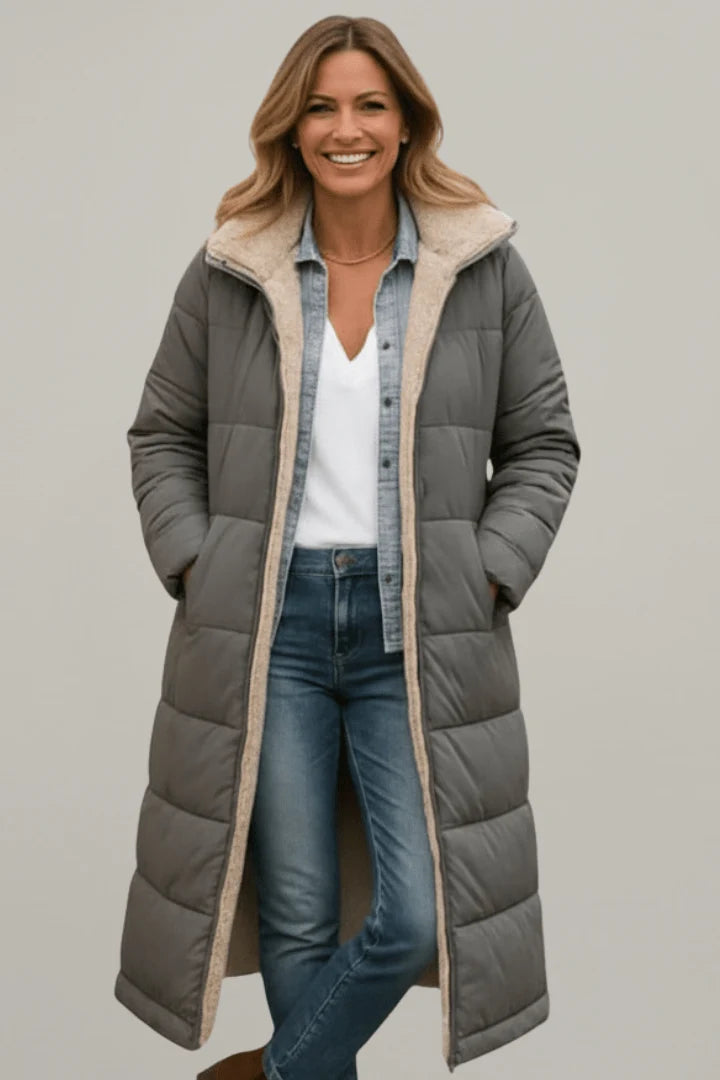 Women's gray long hooded puffer coat with sherpa lining