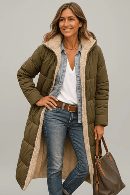 Women's olive green long hooded puffer coat with sherpa lining