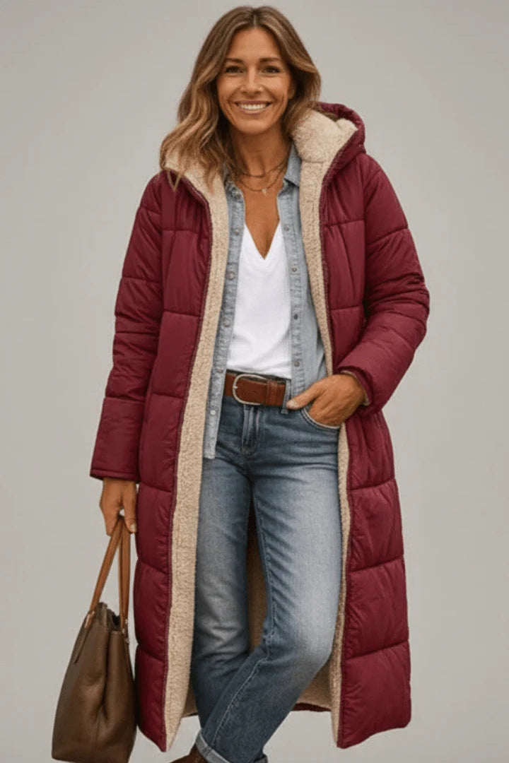 Women's burgundy long hooded puffer coat with sherpa lining