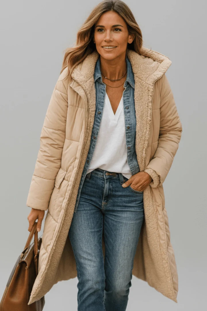 Women's beige long hooded puffer coat with sherpa lining