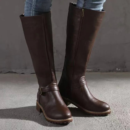 Dark Brown Classic Leather Knee-High Boots
