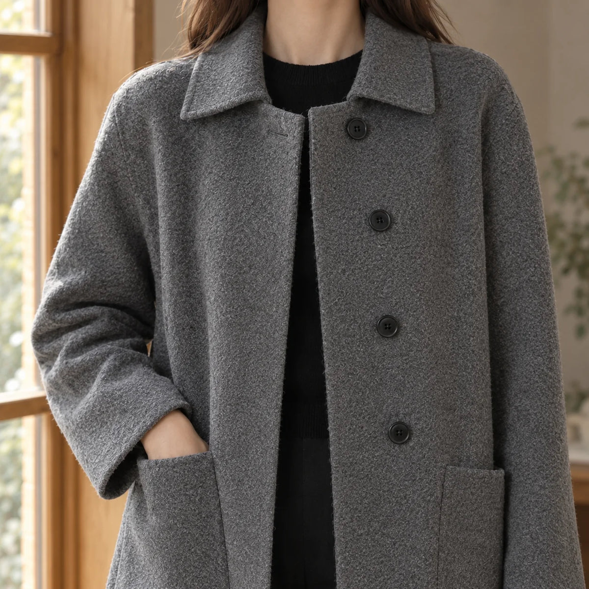Addison wool coat worn, lifestyle shot