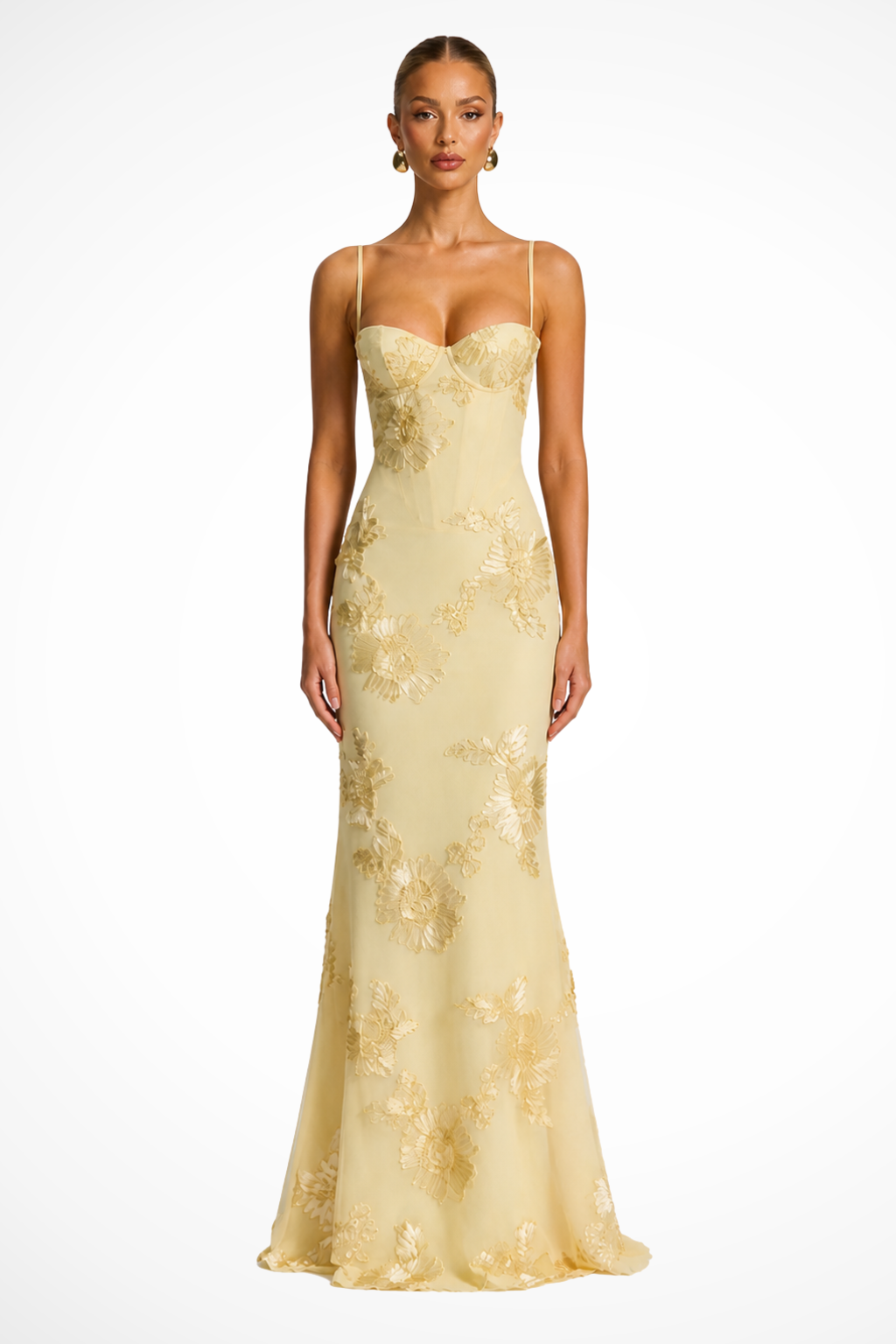Women's yellow floral embroidered corset cami strap wedding guest maxi dress