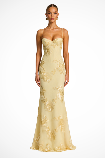 Women's yellow floral embroidered corset cami strap wedding guest maxi dress