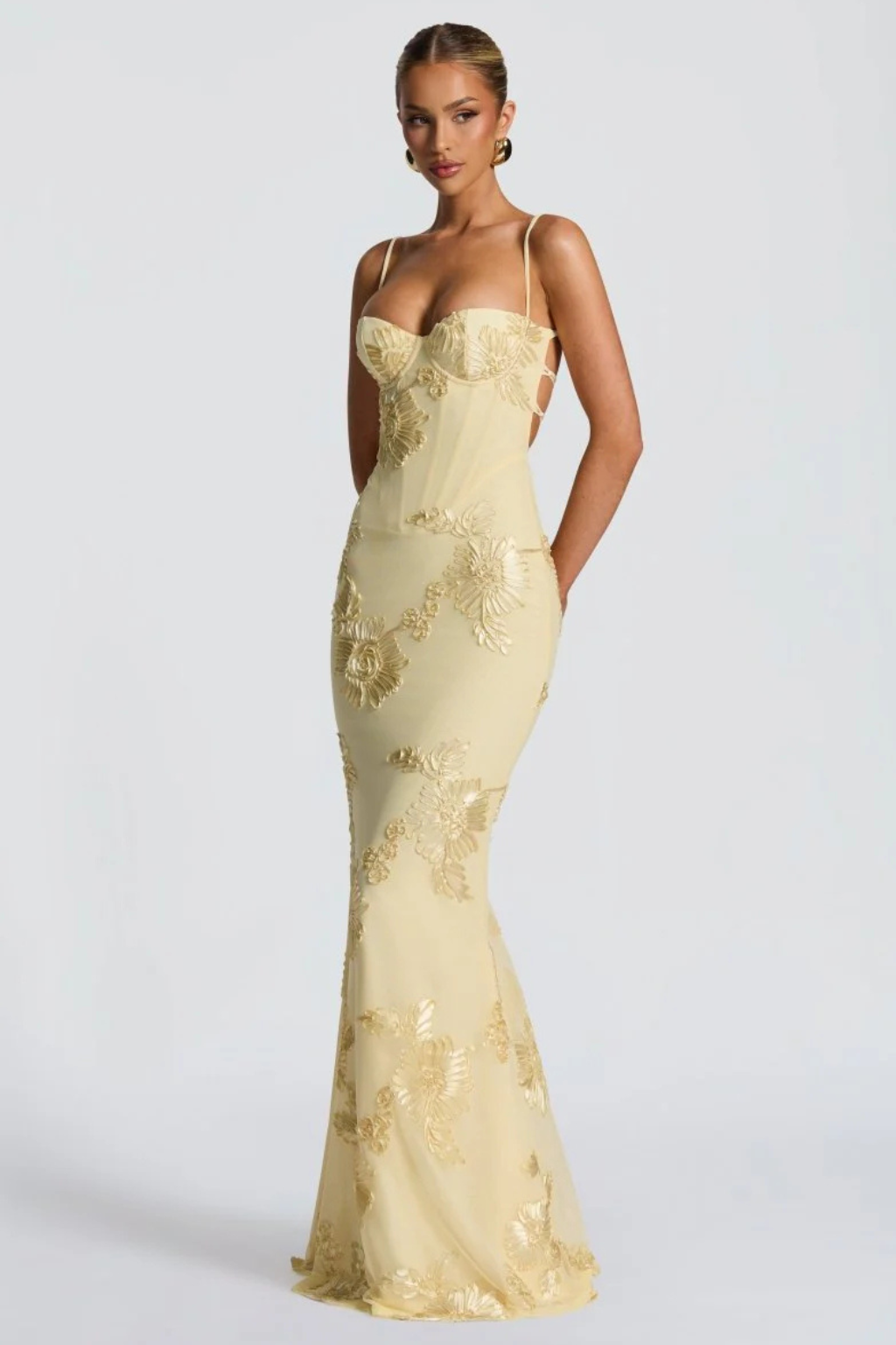 Women's black floral embroidered corset cami strap wedding guest maxi dress