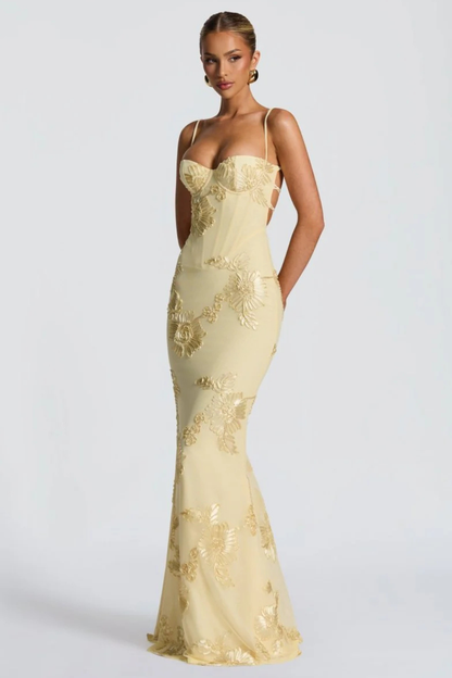 Women's black floral embroidered corset cami strap wedding guest maxi dress