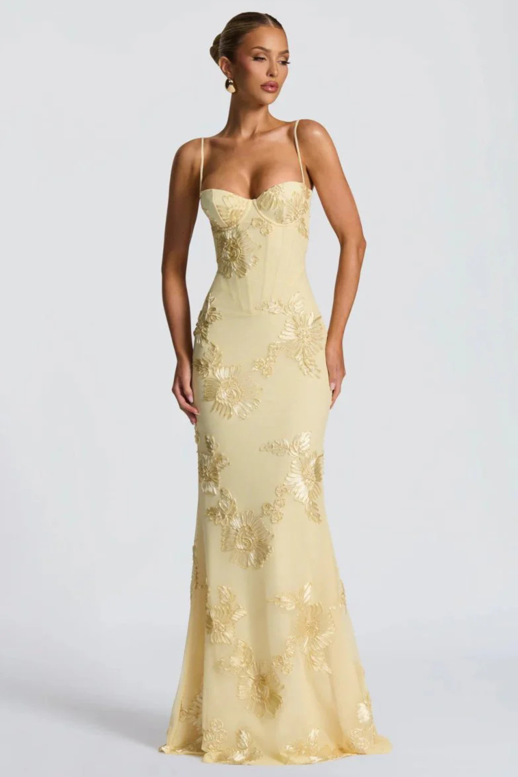 Women's brown floral embroidered corset cami strap wedding guest maxi dress