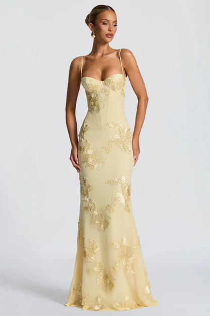 Women's brown floral embroidered corset cami strap wedding guest maxi dress