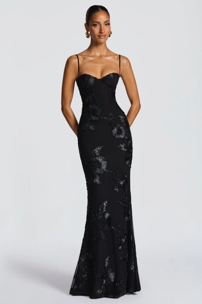 Women's yellow floral embroidered corset cami strap wedding guest maxi dress