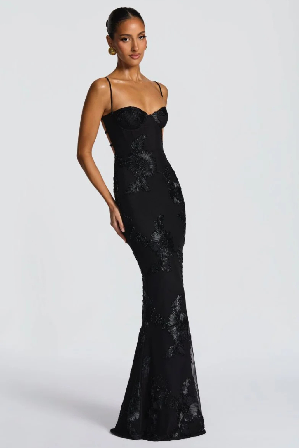 Women's black floral embroidered corset cami strap wedding guest maxi dress