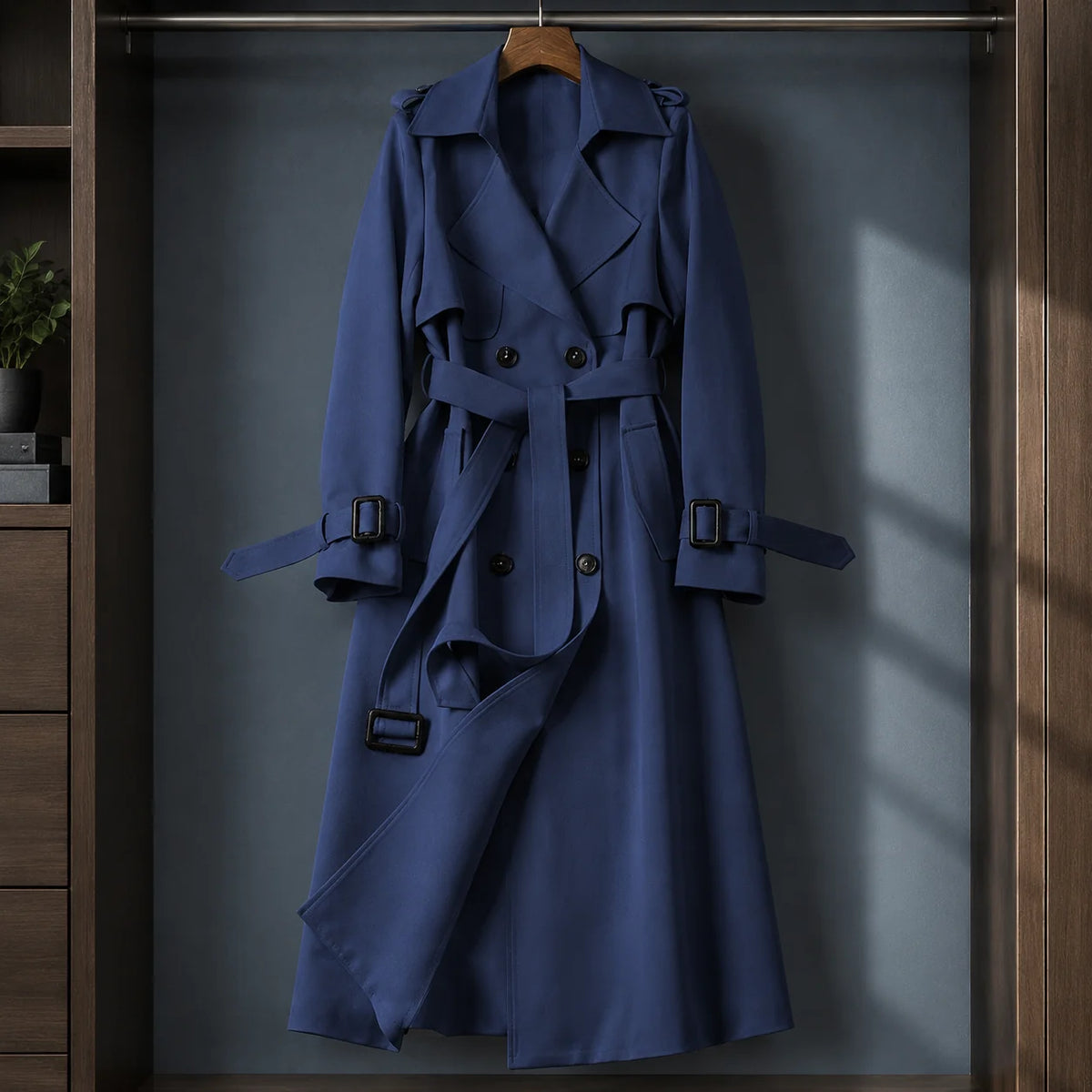 Women's navy belted overcoat with double-breasted front