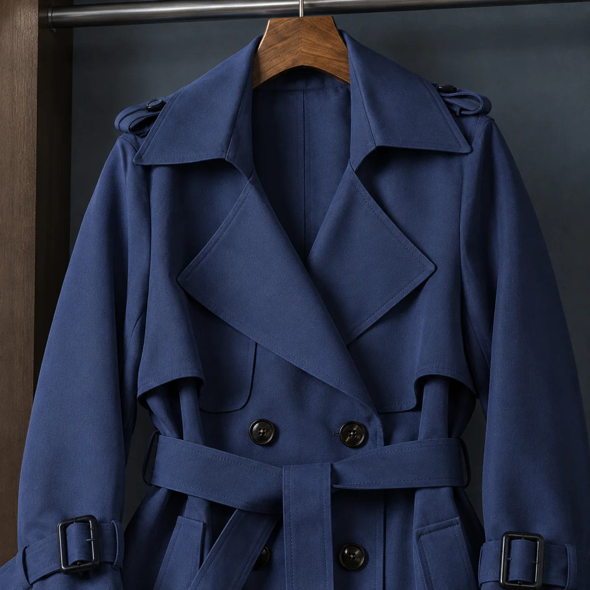 Women's black belted overcoat with buckle cuffs