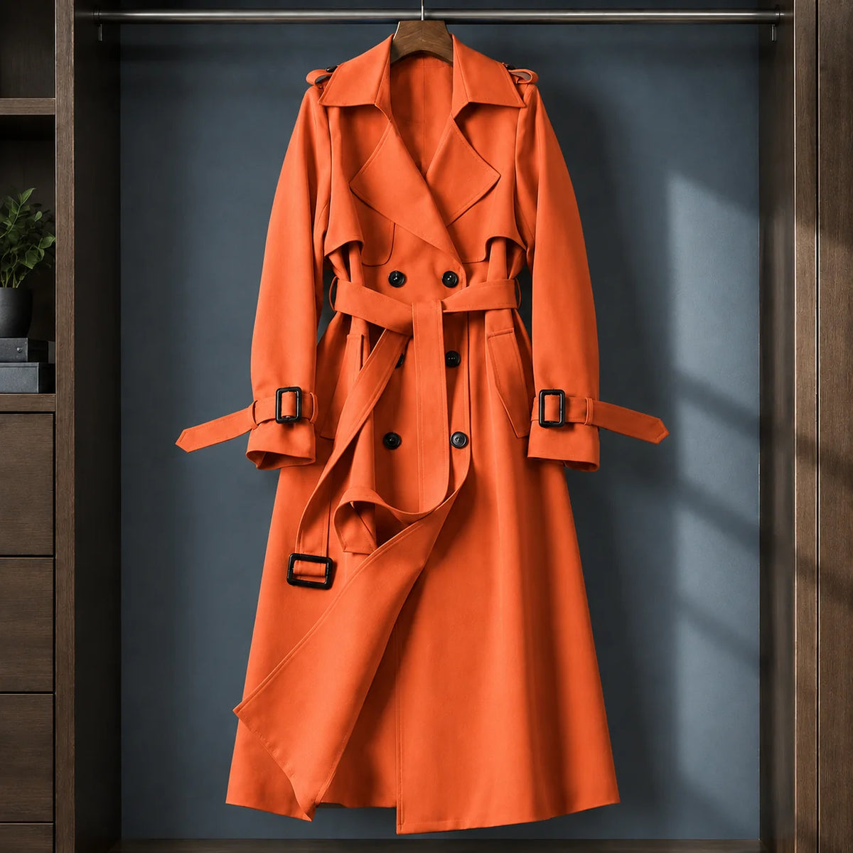 Women's brown belted overcoat with long flared silhouette