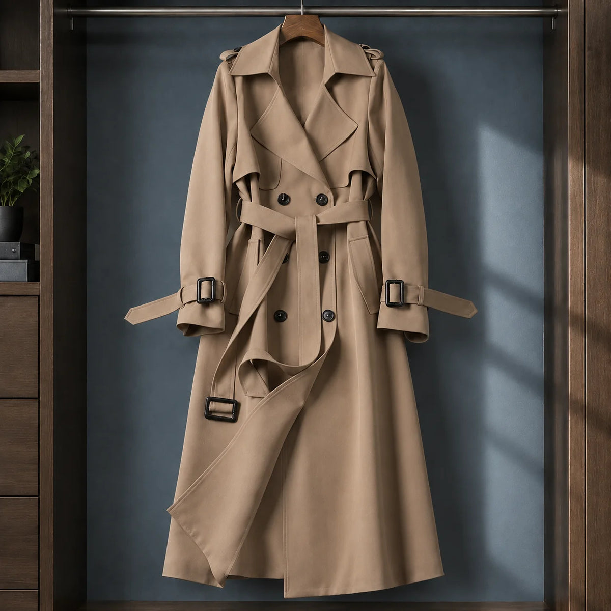 Women's pink belted overcoat with double-breasted button front