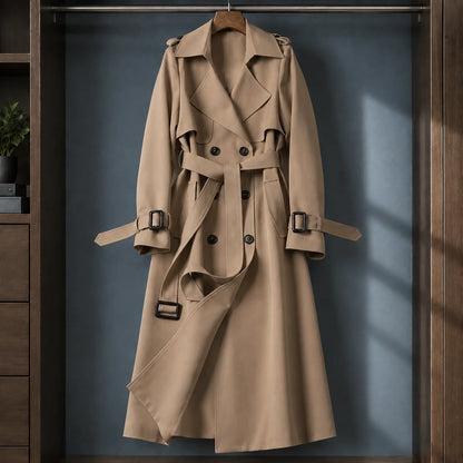 Women's pink belted overcoat with double-breasted button front