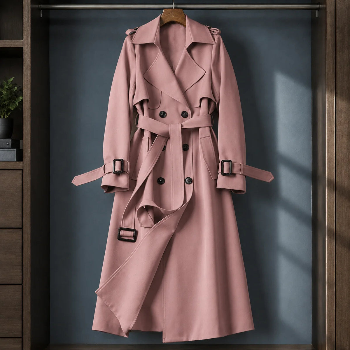 Women's navy overcoat, close-up of buckled cuff strap