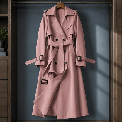 Women's navy overcoat, close-up of buckled cuff strap