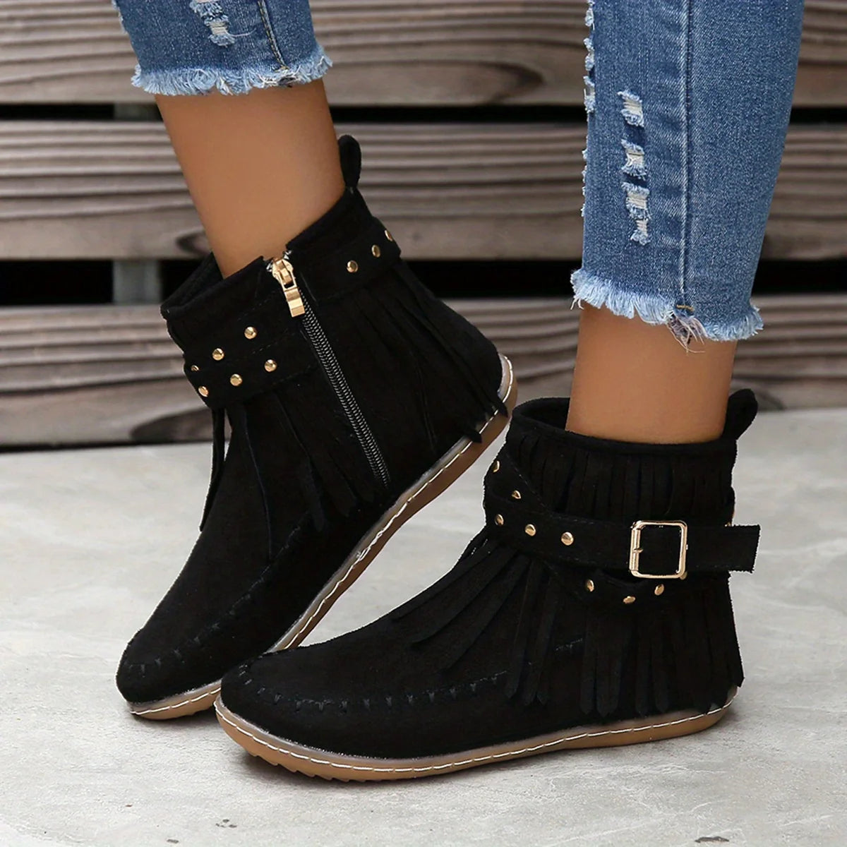 Women's Western Ankle Boots, Fringed Fall Footwear