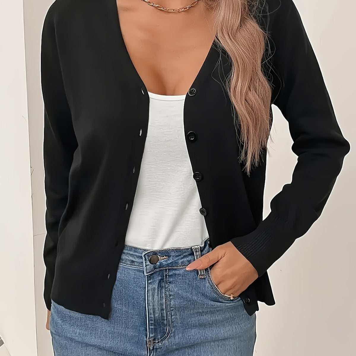 Black V-Neck Ribbed Chic Cardigan