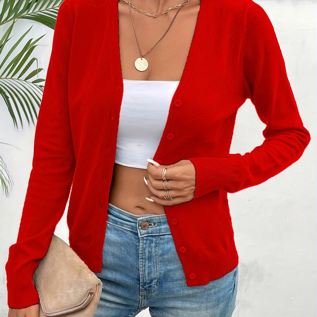Red V-Neck Ribbed Chic Cardigan